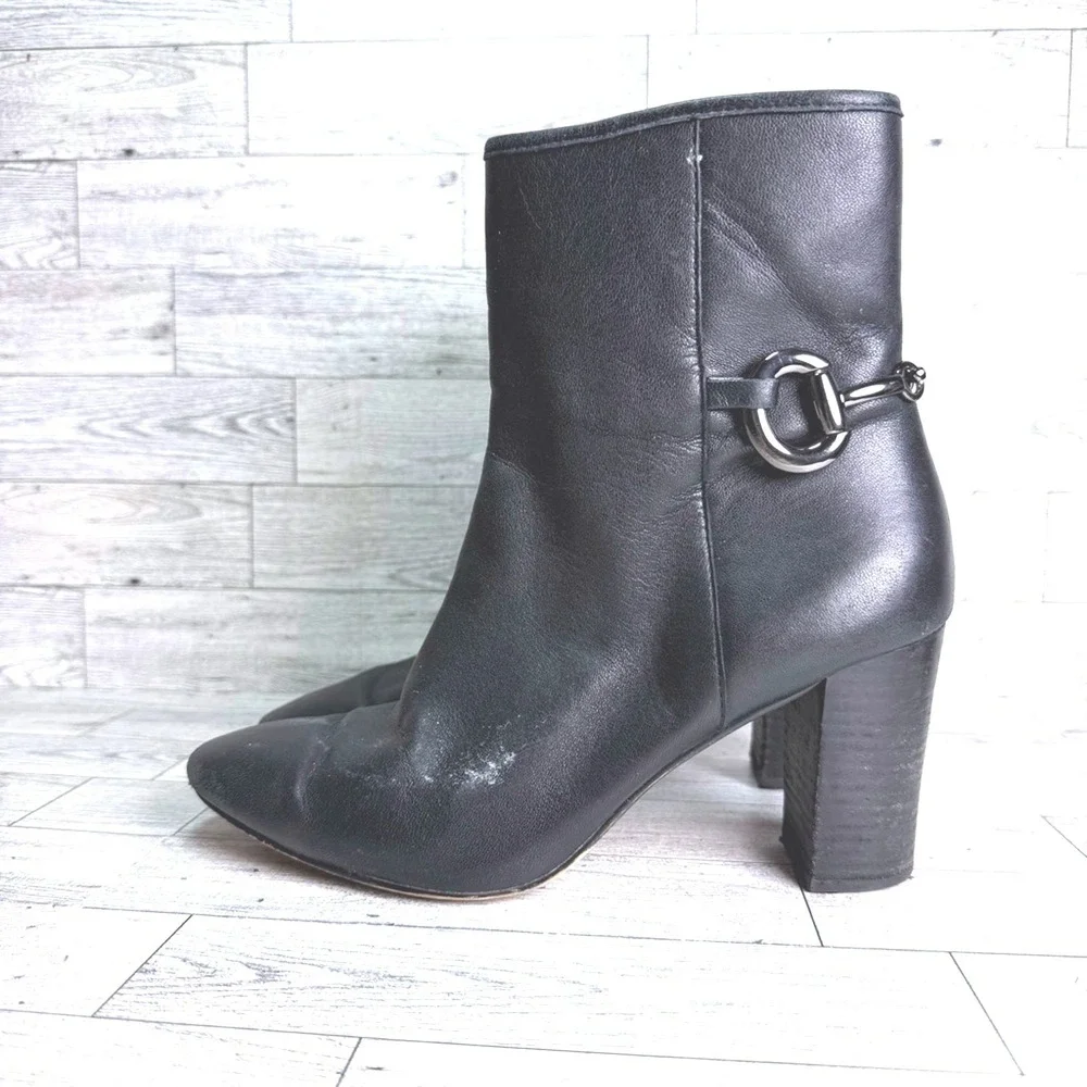 Talbots Bit Detail Ankle Boots Womens 8.5M‎ Black Leather Block Heel Zip GOOD